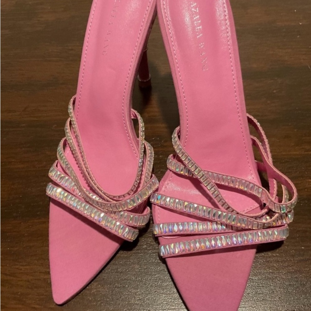 Azalea Wang Elegant Sexy Pink Rhinestone Strappy Heels